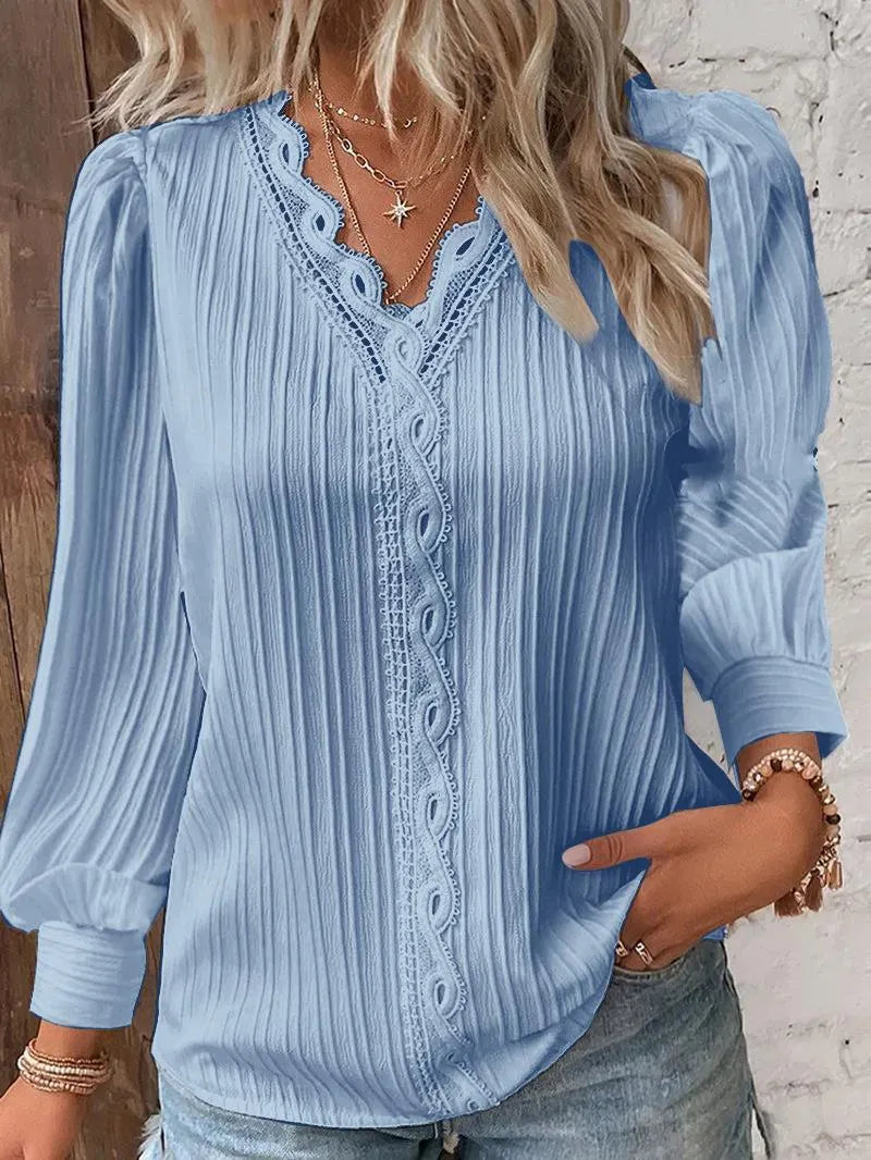 White Lace Trim Blouse, V-Neck Puff Sleeve Textured Long Sleeve Top