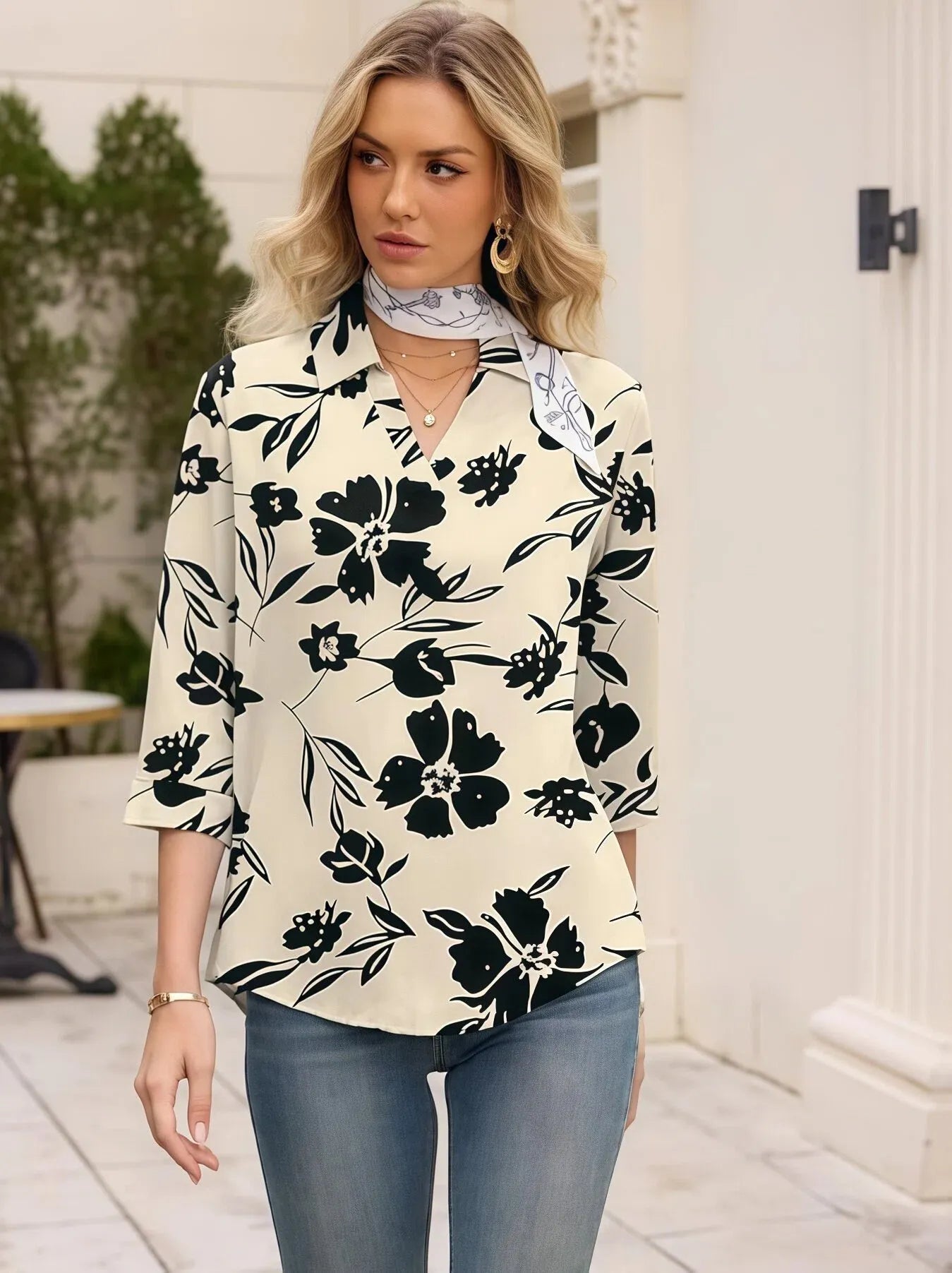 Abstract Floral Print Lapel Collar 3/4 Sleeve Four-Way Stretch Commuter Blouse