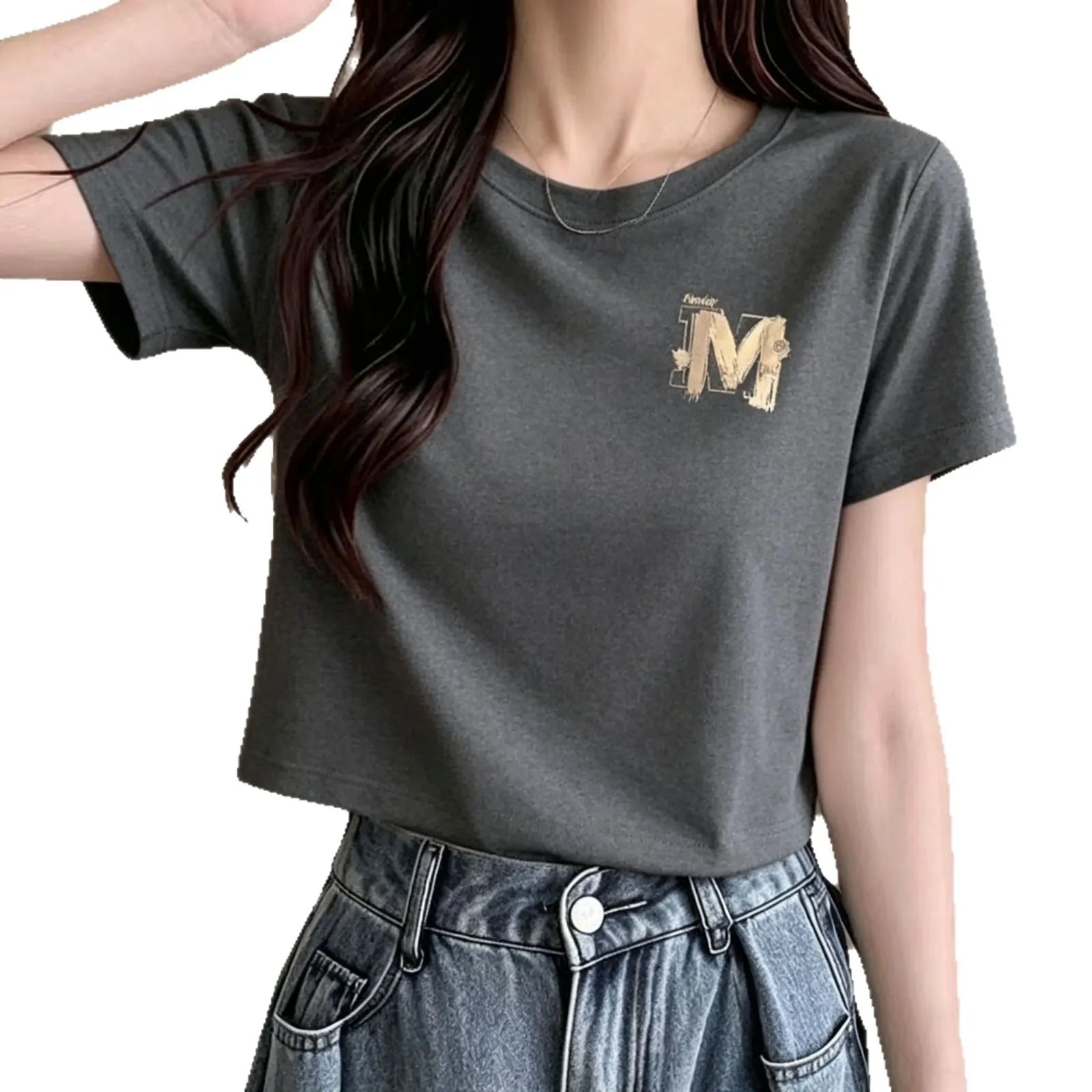 Crew Neck Letter M Print Slim Cropped Short Sleeve Cotton T-shirt
