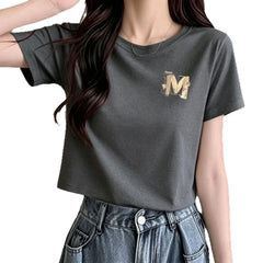 Crew Neck Letter M Print Slim Cropped Short Sleeve Cotton T-shirt
