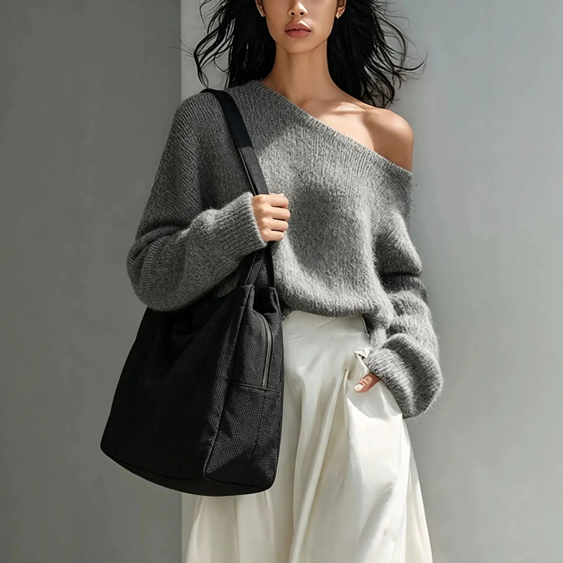 Casual Grey Off Shoulder Oversized Knit Top Loose Long Sleeve Pullover Sweater Fall Fashion