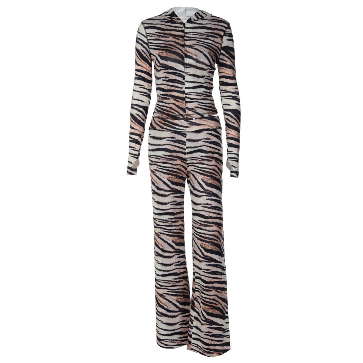 Y2K Animal Print Matching Tracksuit, Hood Zip Up Top & High Waist Flare Pant Set