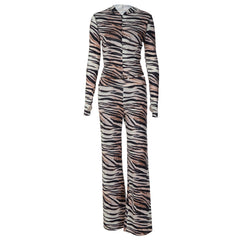 Y2K Animal Print Matching Tracksuit, Hood Zip Up Top & High Waist Flare Pant Set