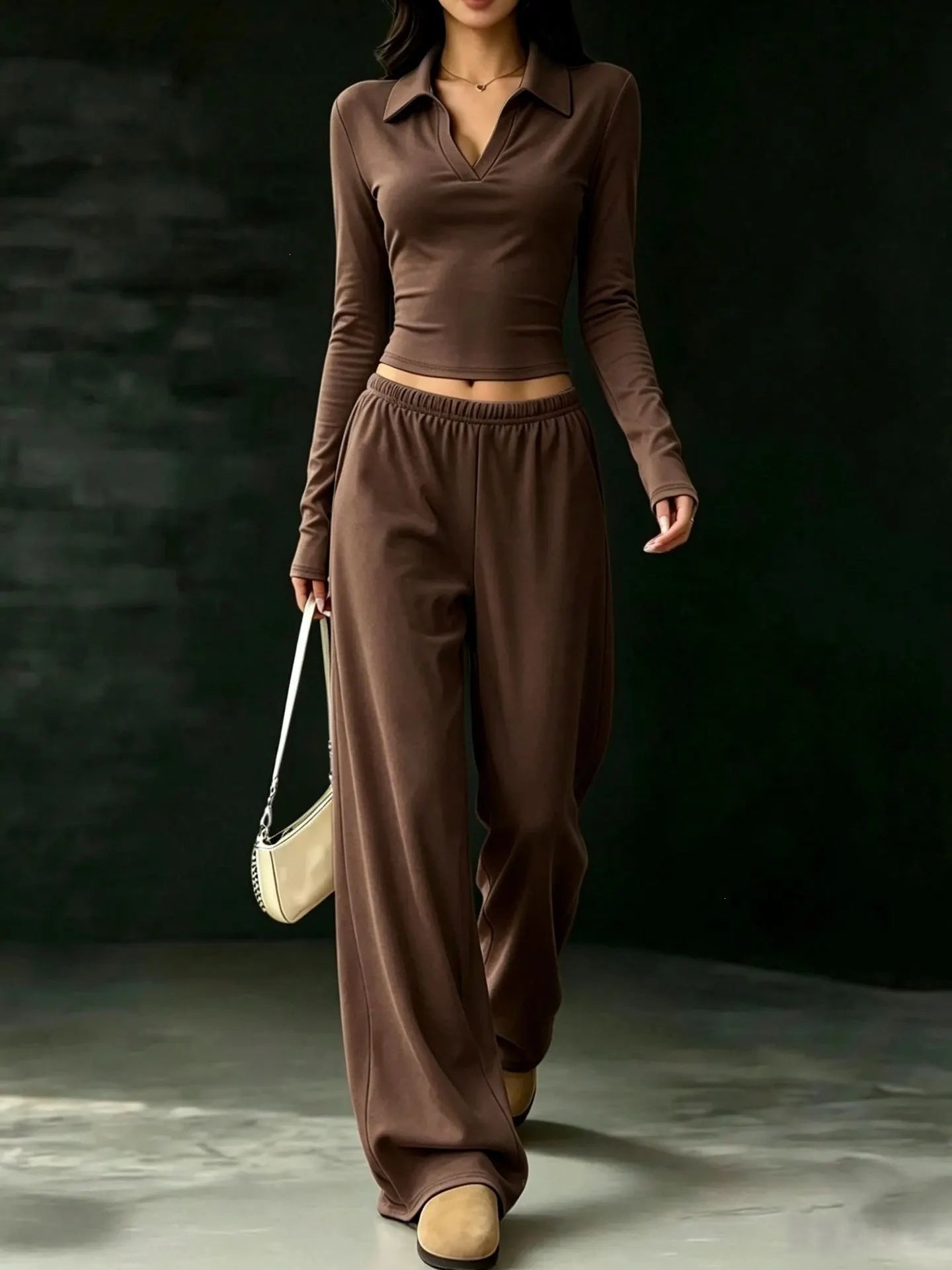 Black Polo V-neck Long Sleeve Crop Top & Elastic Waist Wide Leg Pants Two Piece Set