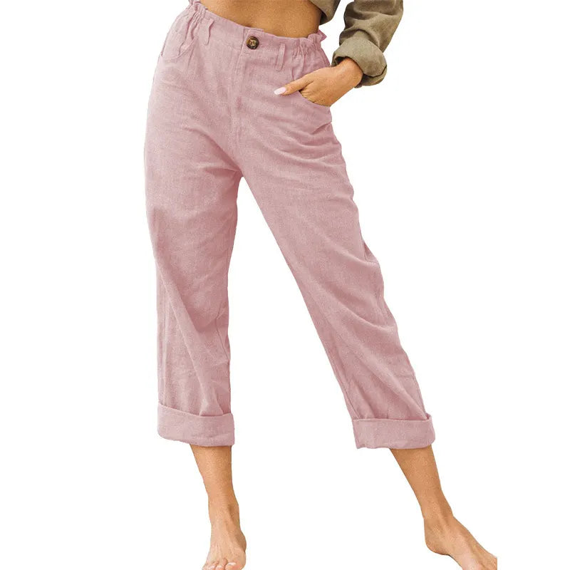 Linen Blend Rolled Cuff Cropped Pants