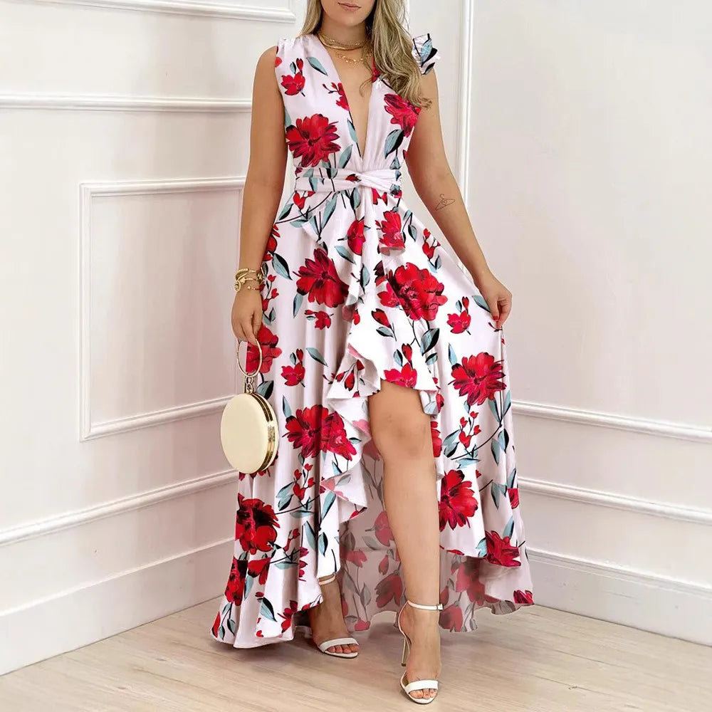 Deep V Neck Ruffle Floral High Low Maxi Dress