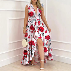Deep V Neck Ruffle Floral High Low Maxi Dress