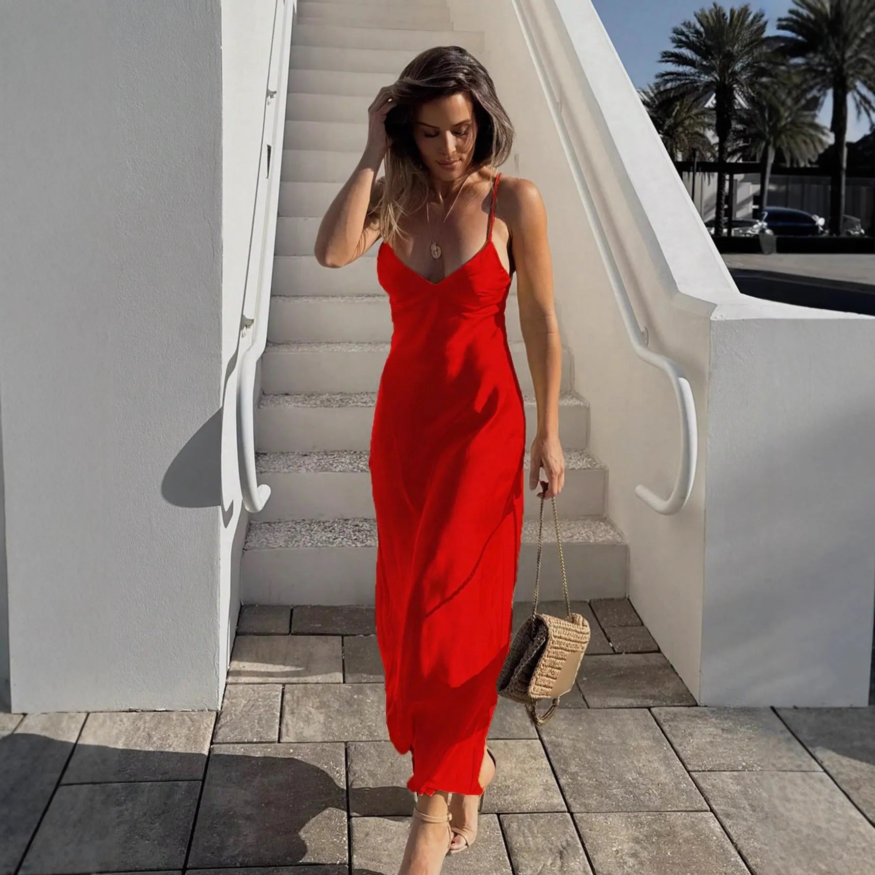 Solid Color Satin V-Neck Spaghetti Strap Maxi Slip Dress