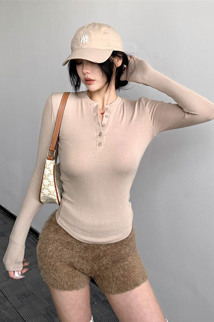 Buttons Neck Long Sleeve Top Tee