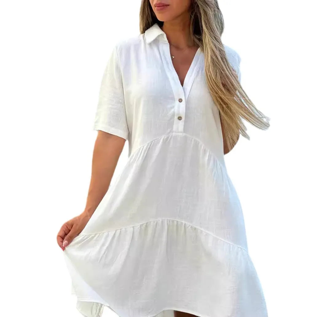 Solid Lapel Half Button Short Sleeve Loose Tiered Cotton Linen Midi Shirt Dress