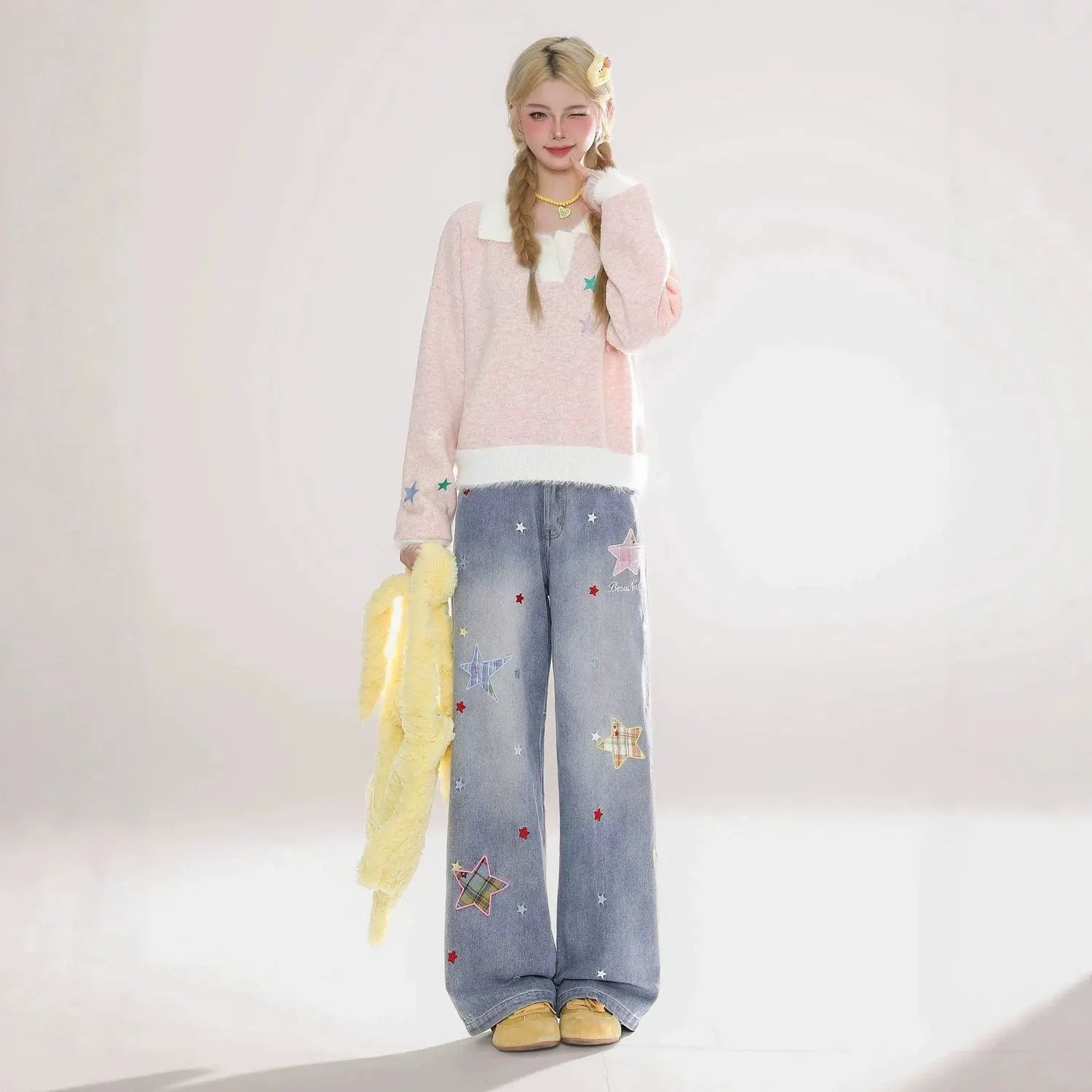 High Waist Star Patch Wide Leg Long Jeans