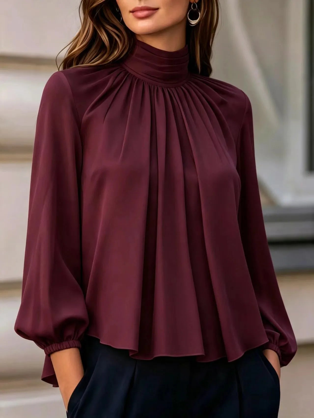 Mock Neck Pleated Chiffon Blouse Long Puff Sleeve Elegant Loose Work Shirt