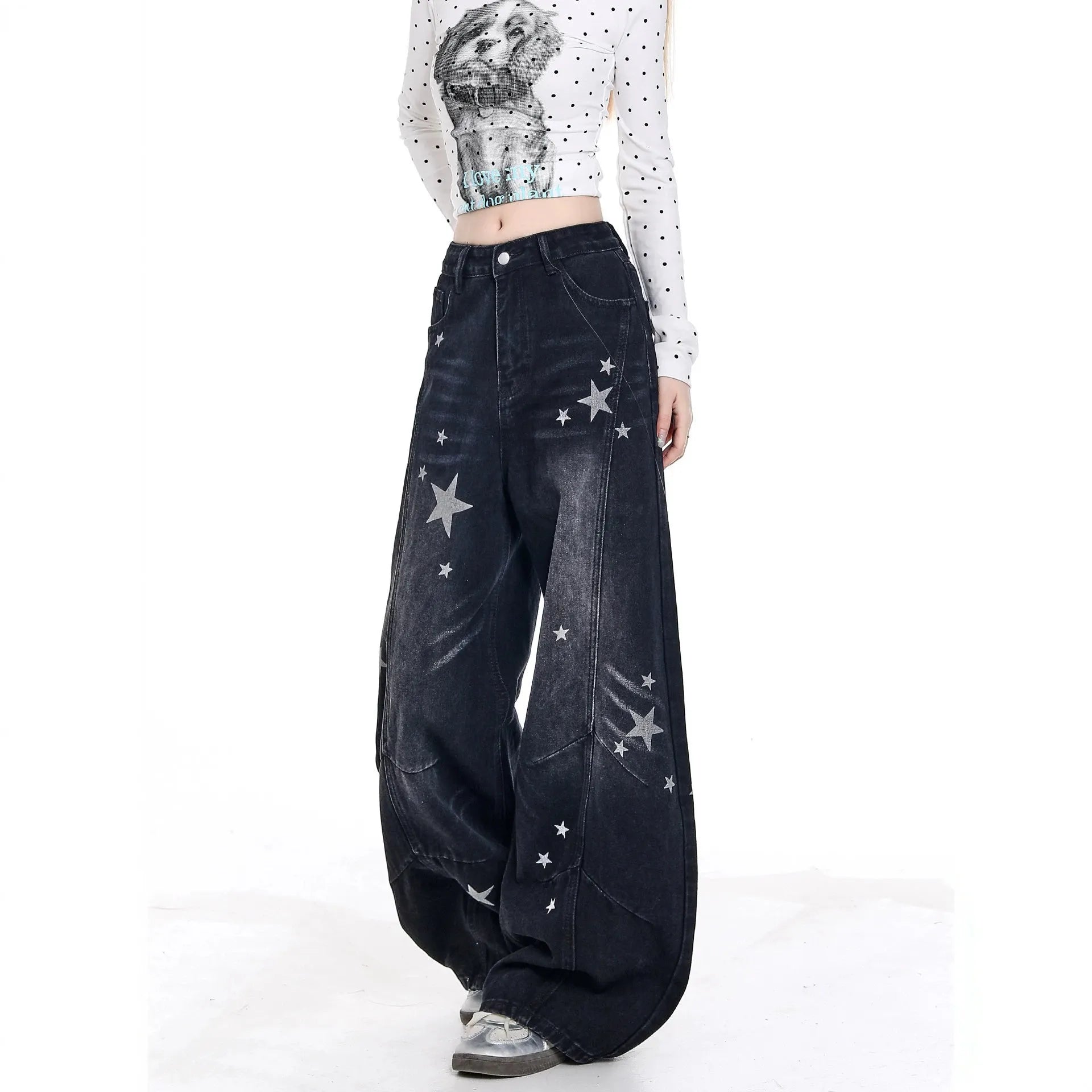 High Waist Star Print Wide Leg Jeans
