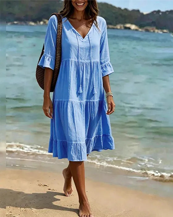 White V-Neck Tiered Ruffle Midi Dress