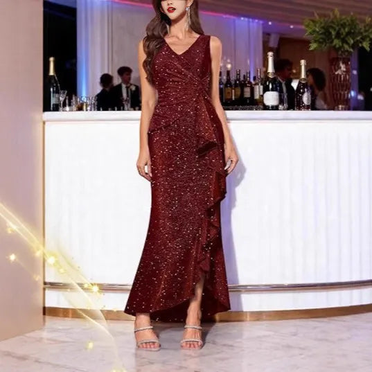 Sleeveless V Neck Sequin Maxi Dress, Ruched Ruffle Split Hem Formal Evening Gown