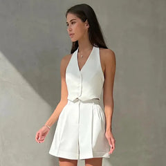 V-Neck Halter Button Crop Vest & Cuffed Pleated Shorts Two Piece Set