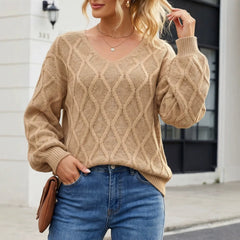 Terracotta V Neck Cable Knit Sweater Long Sleeve Loose Diamond Textured Pullover