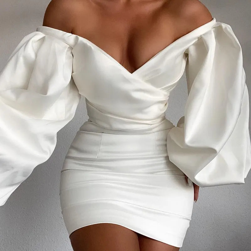 Elegant Off Shoulder Puff Sleeve Wrap Ruched Bodycon Mini Dress