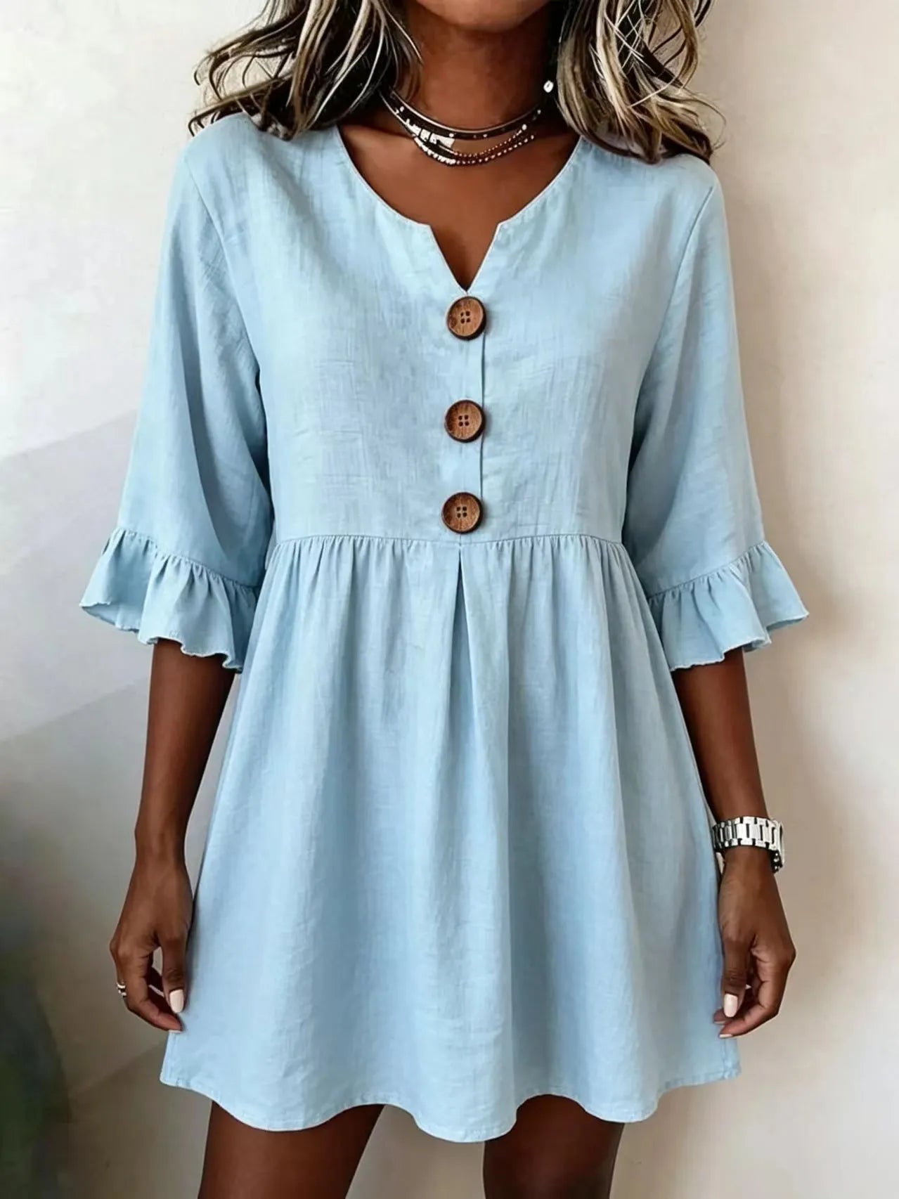 V-Neck Wooden Button Ruffle 3/4 Sleeve Loose Pleated Mini Dress
