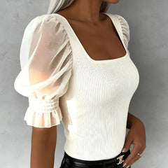 Square Neck Puff Short Sleeve Spliced Slim Knit Top