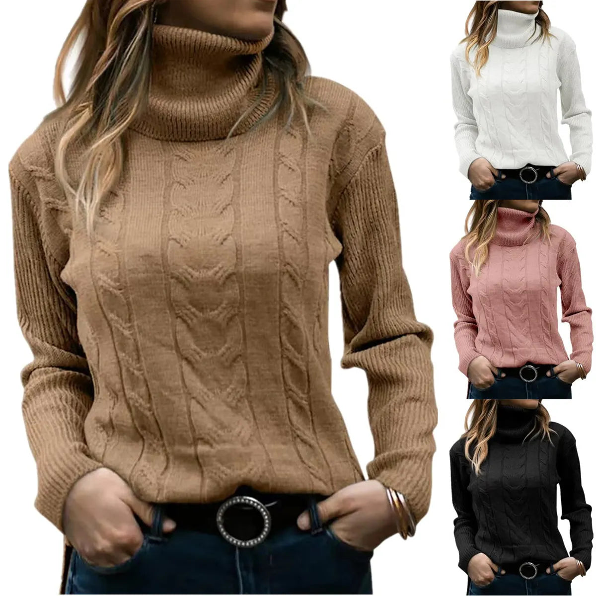 Thick Cable Knit Turtleneck Sweater, Classic Warm Long Sleeve Winter Jumper
