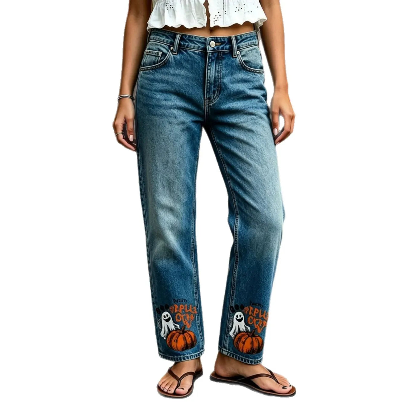 Halloween Ghost Pumpkin Printed Straight Jeans