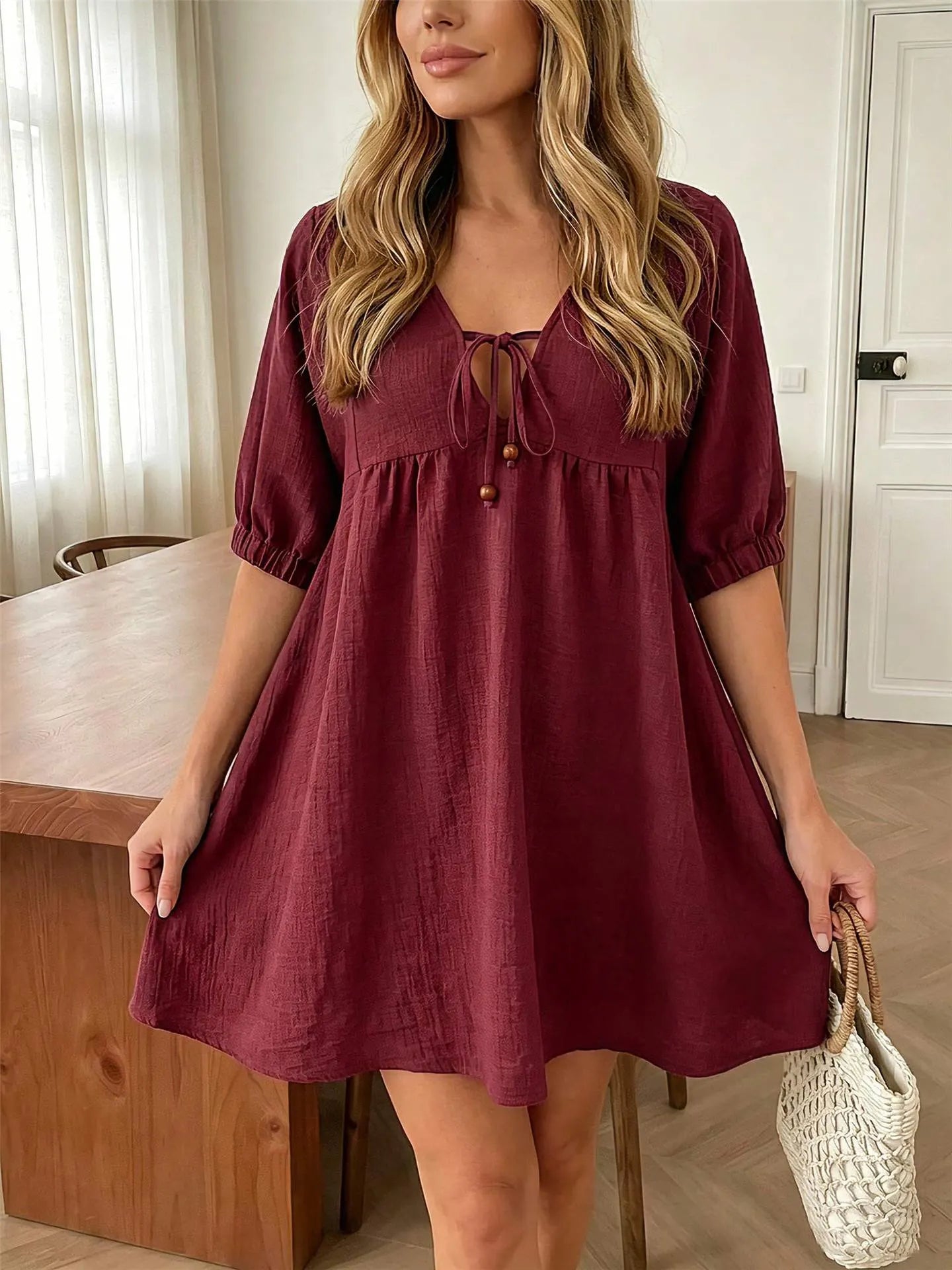 Lace-Up V-Neck Puff Sleeve A-Line Mini Dress