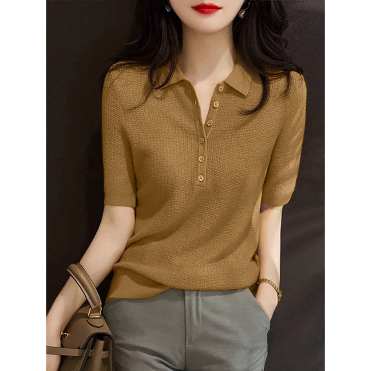 Knit Polo Shirt, Short Sleeve Button Down Casual Blouse