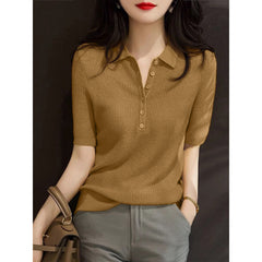 Knit Polo Shirt, Short Sleeve Button Down Casual Blouse