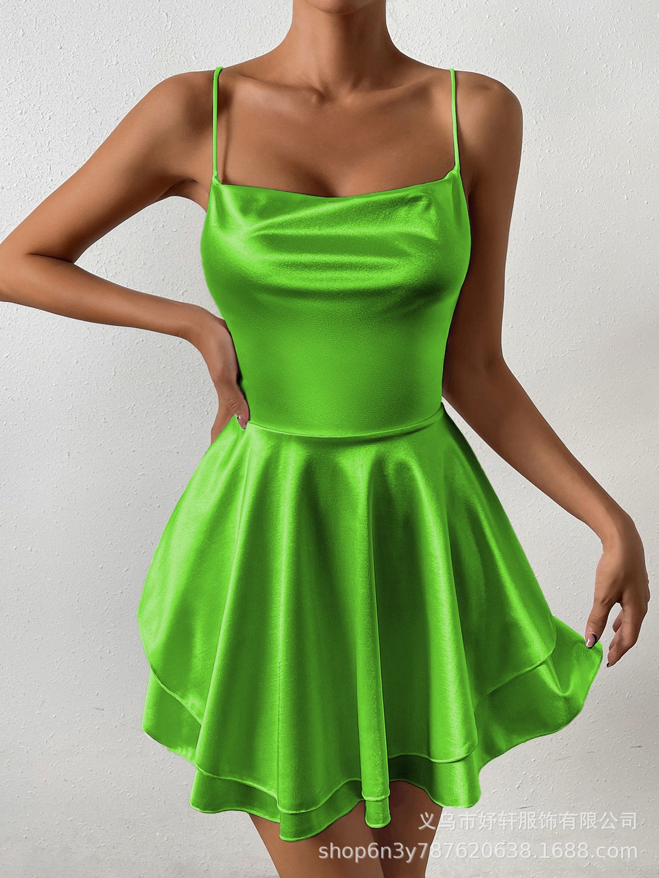 Square Neck Satin Spaghetti Strap Mini Dress