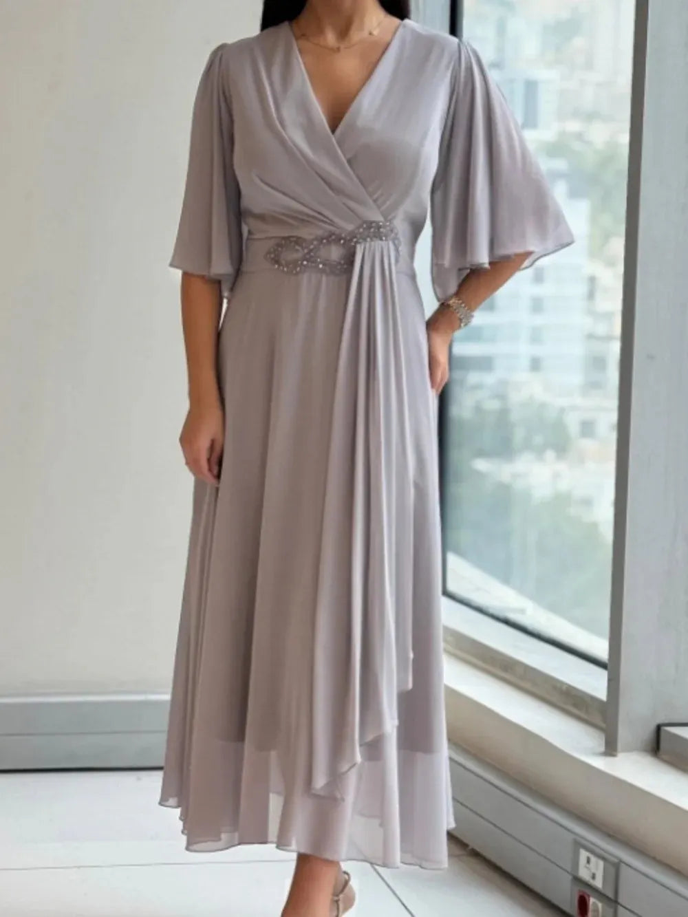 V-Neck Flared Sleeve Wrap Chiffon Maxi Dress