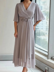 V-Neck Flared Sleeve Wrap Chiffon Maxi Dress