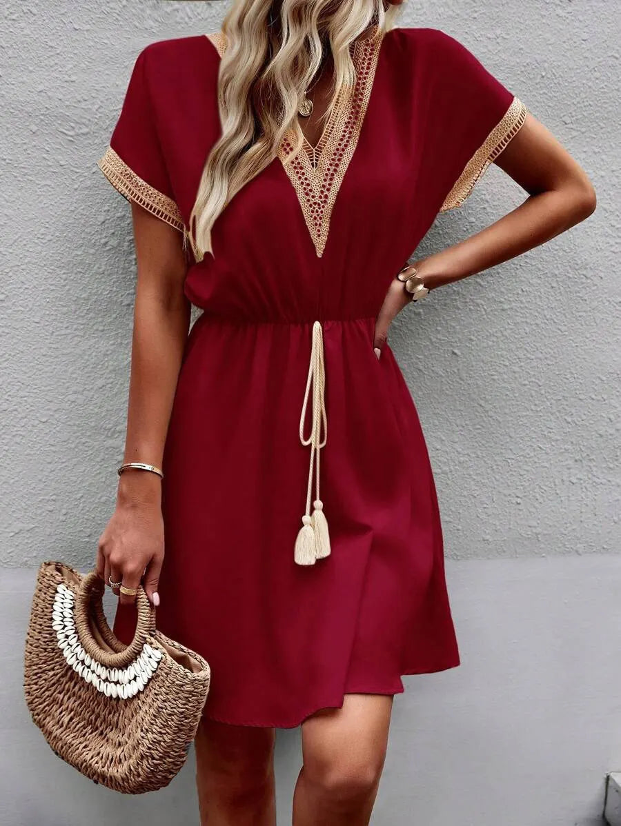 V Neck Lace Trim Tassel Tie Waist Casual A-Line Midi Dress