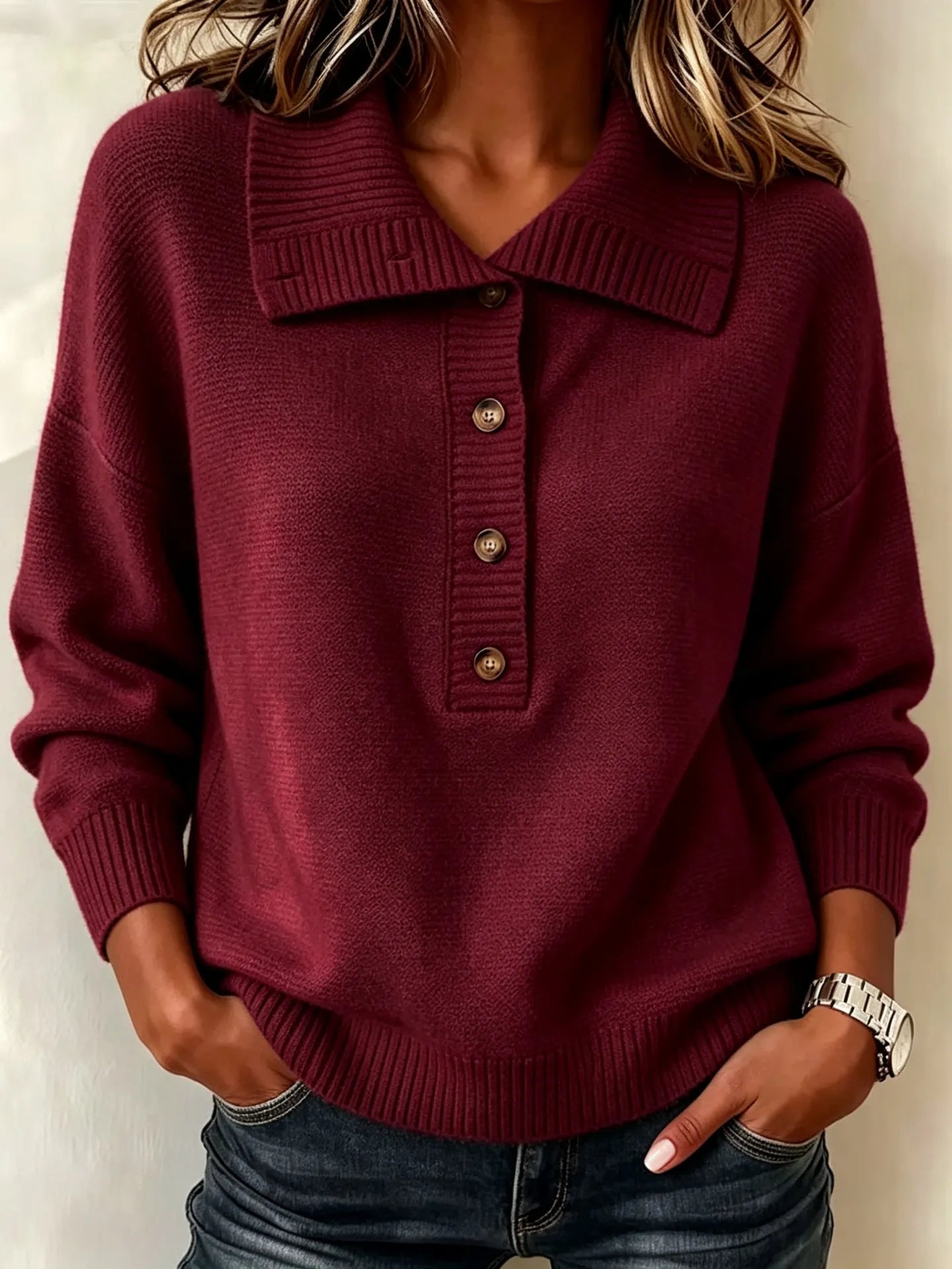 Burgundy Collared Henley Knit Sweater Button Front Long Sleeve Loose Pullover