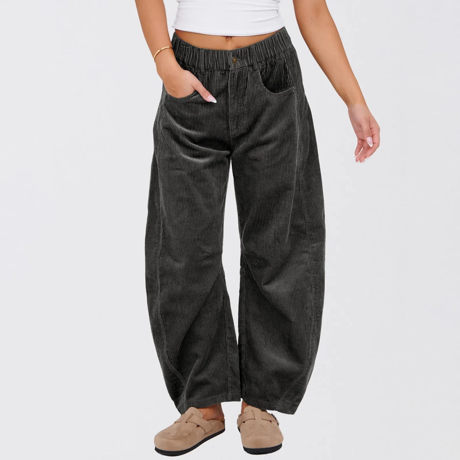 Corduroy Elastic High Waist Barrel Wide Leg Pants