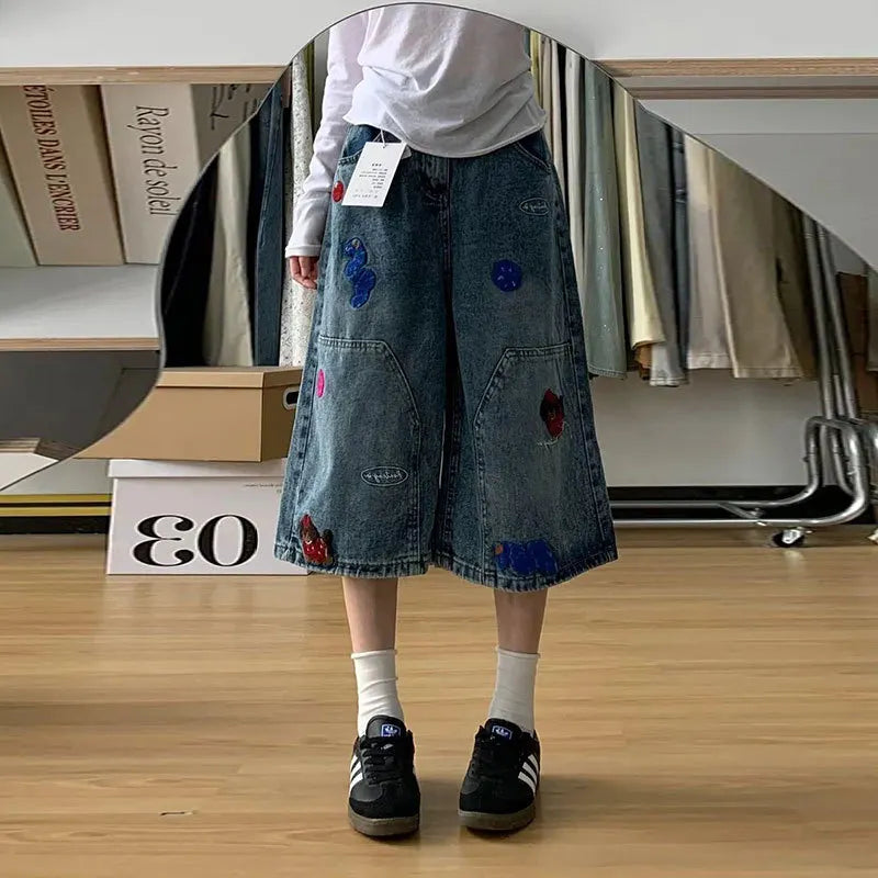 Cartoon Patch Embroidery Vintage Washed Cropped Jeans