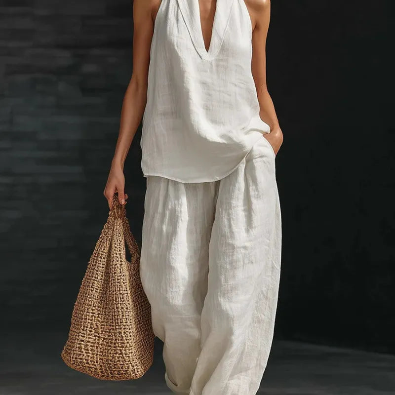 Solid Halter Neck Sleeveless Top & Wide Leg Pants Two-Piece Set