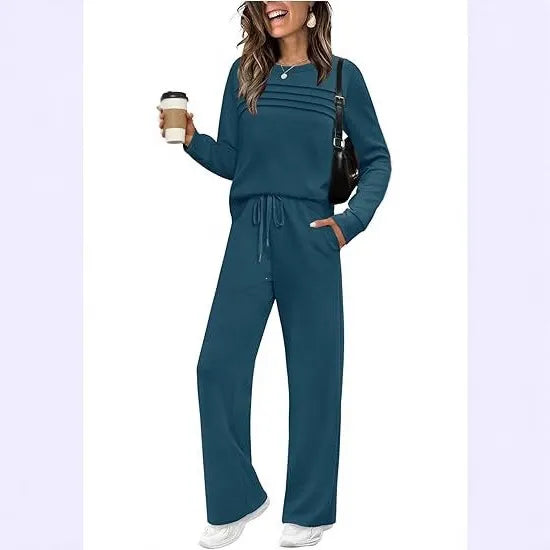 Dark Grey Pleated Detail Top & Drawstring Wide Leg Pants Two Piece Loungewear Set