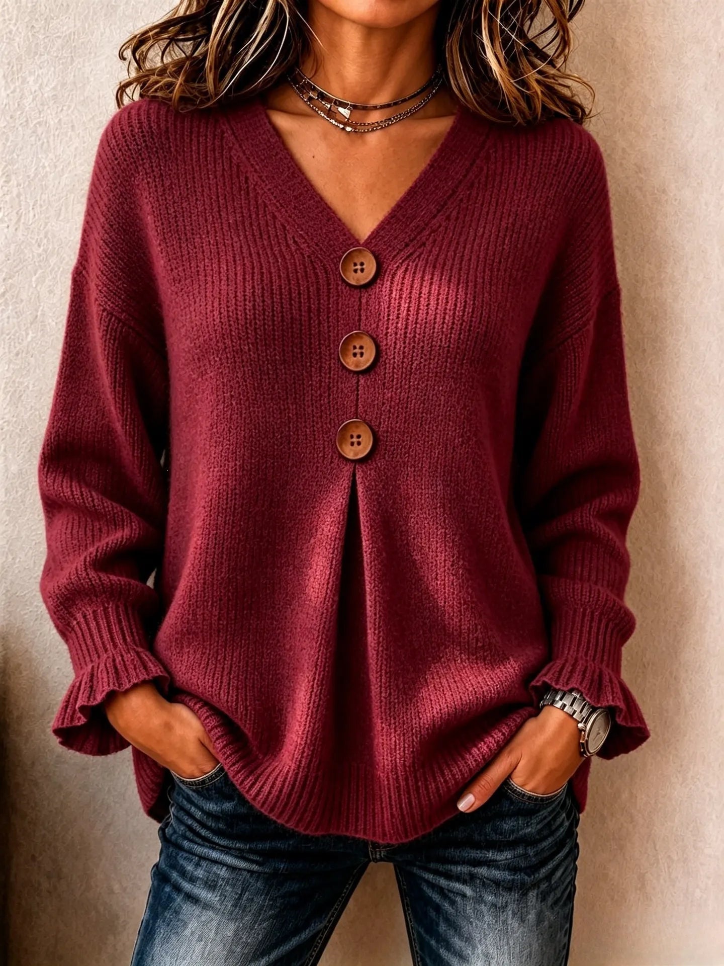 V‑Neck Button Detail Pullover Sweater