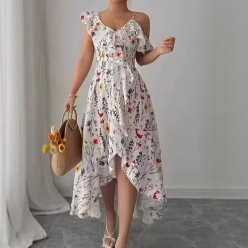 Floral Print V-Neck Cold Shoulder Ruffle Hem High Waist Maxi Dress