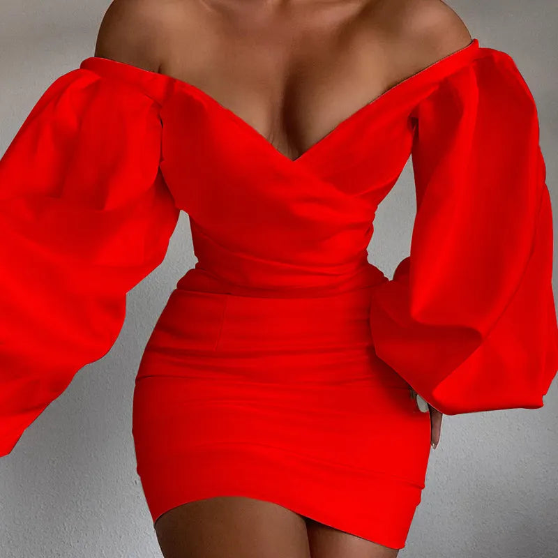 Elegant Off Shoulder Puff Sleeve Wrap Ruched Bodycon Mini Dress