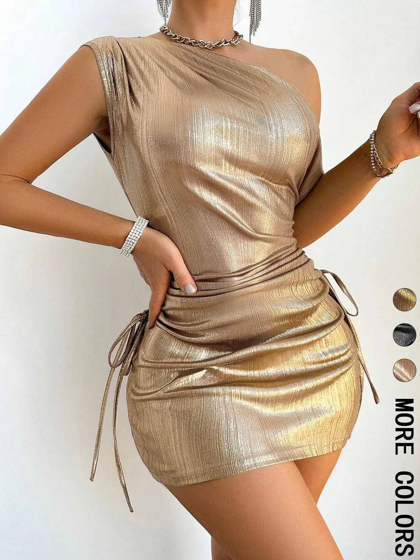 Metallic One-Shoulder Mini Dress