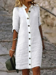Collared Button Down Linen Midi Shirt Dress
