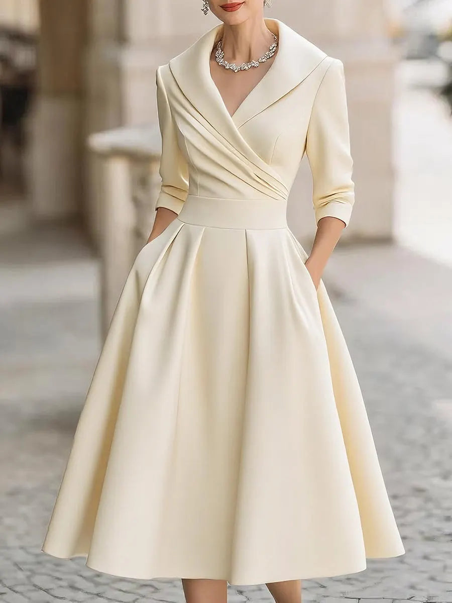 Lapel Collar Ruched Wrap Front 3/4 Sleeve A Line Midi Cocktail Dress