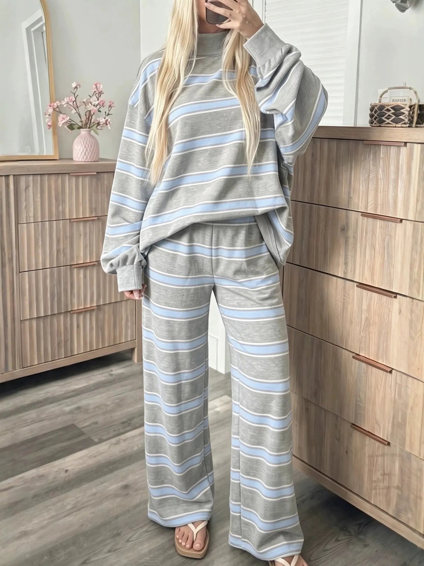 Casual Striped Matching Two Piece Set, Cozy Mock Neck Sweatshirt and Wide Leg Trousers