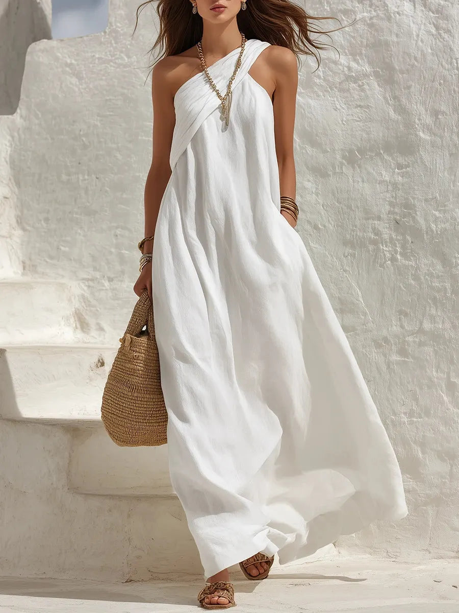 One Shoulder Draped Linen Maxi Vacation Dress