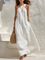 One Shoulder Draped Linen Maxi Vacation Dress