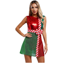Christmas Sequined Sleeveless Costume Mini Dress, Holiday Party Outfit