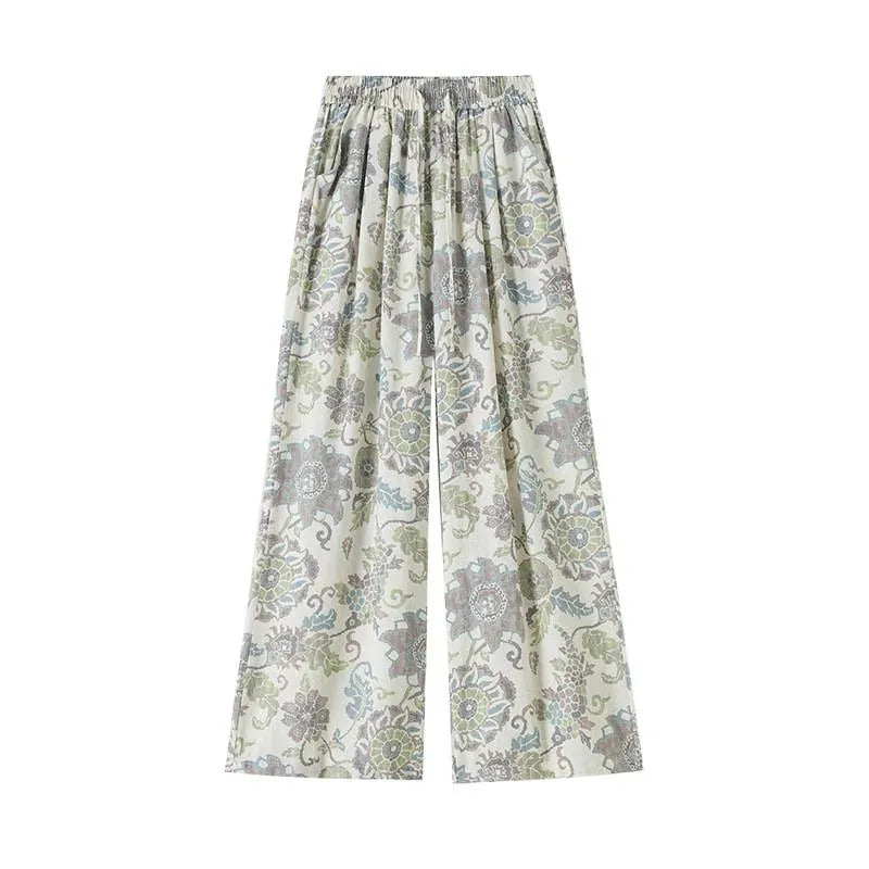 Vintage Floral Print Drawstring High Waist Micro Stretch Wide Leg Long Pants