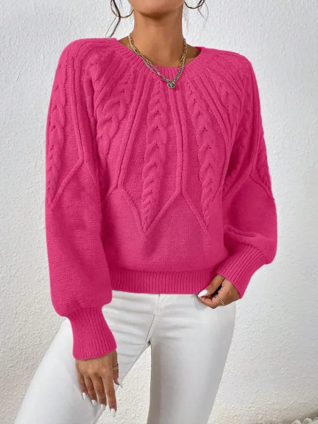 Crew Neck Cable Knit Sweater, Long Lantern Sleeve Loose Solid Pullover